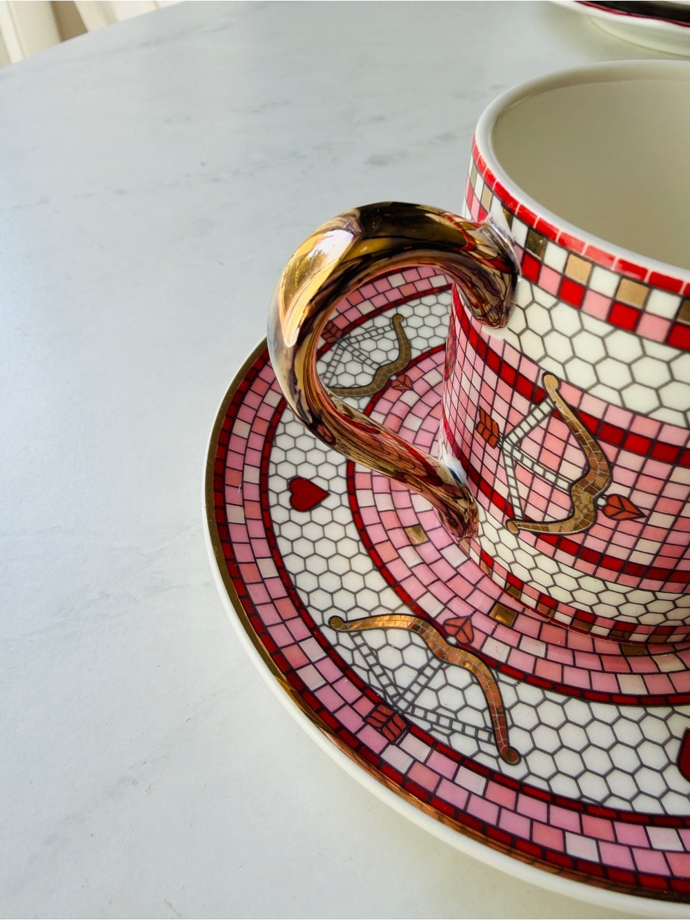 NEW Anthropologie Bistro Tile Stoneware 24k Gold Accent Espresso Cup & Sauce - Picture 8 of 12